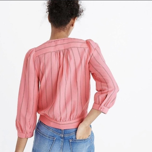 Madewell Contemporary Cecilia Striped Pink Bubble Sleeve Wrap Top Blouse - Picture 3 of 12